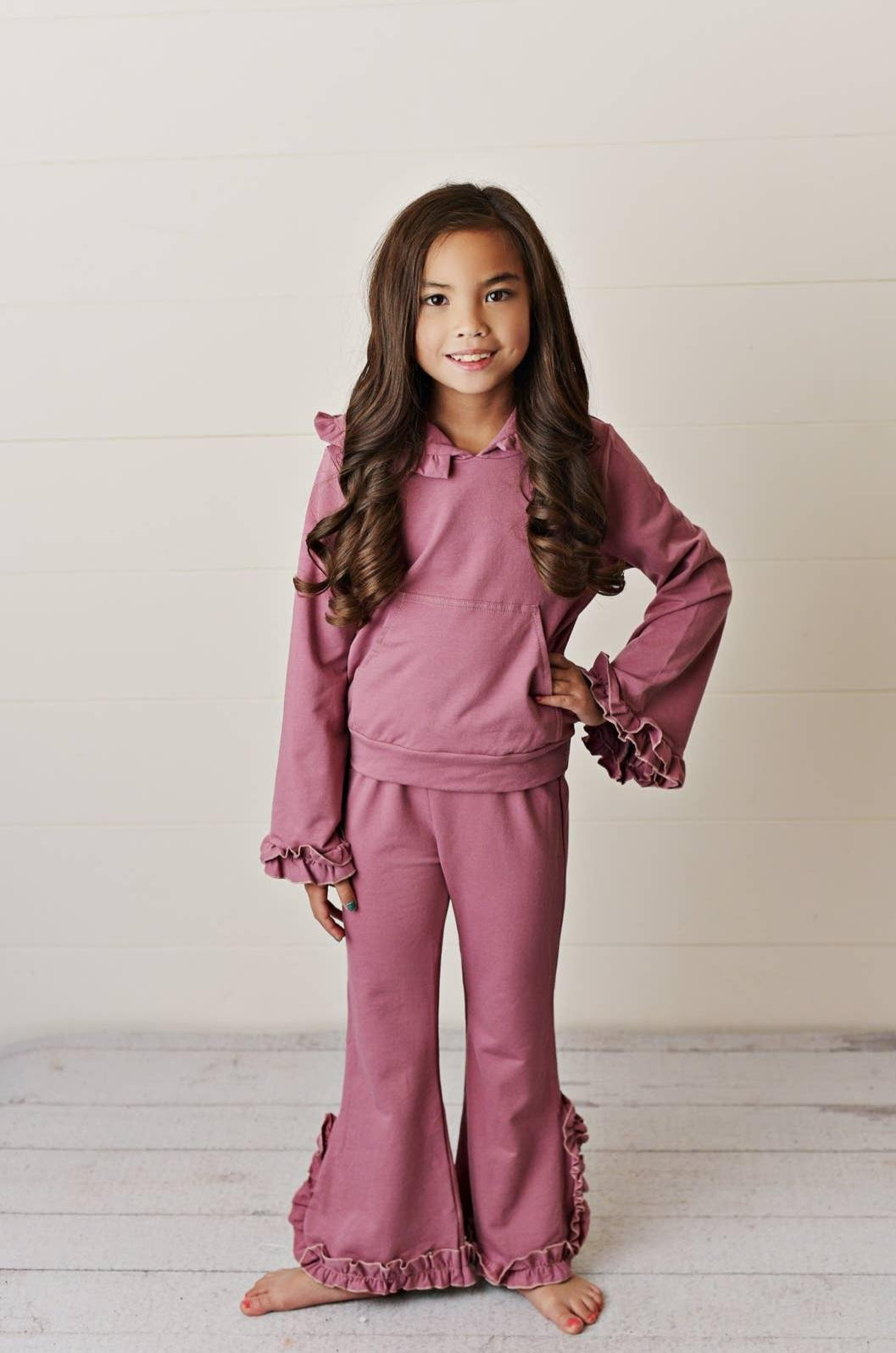 Pink and purple apple printed pant set for girls 