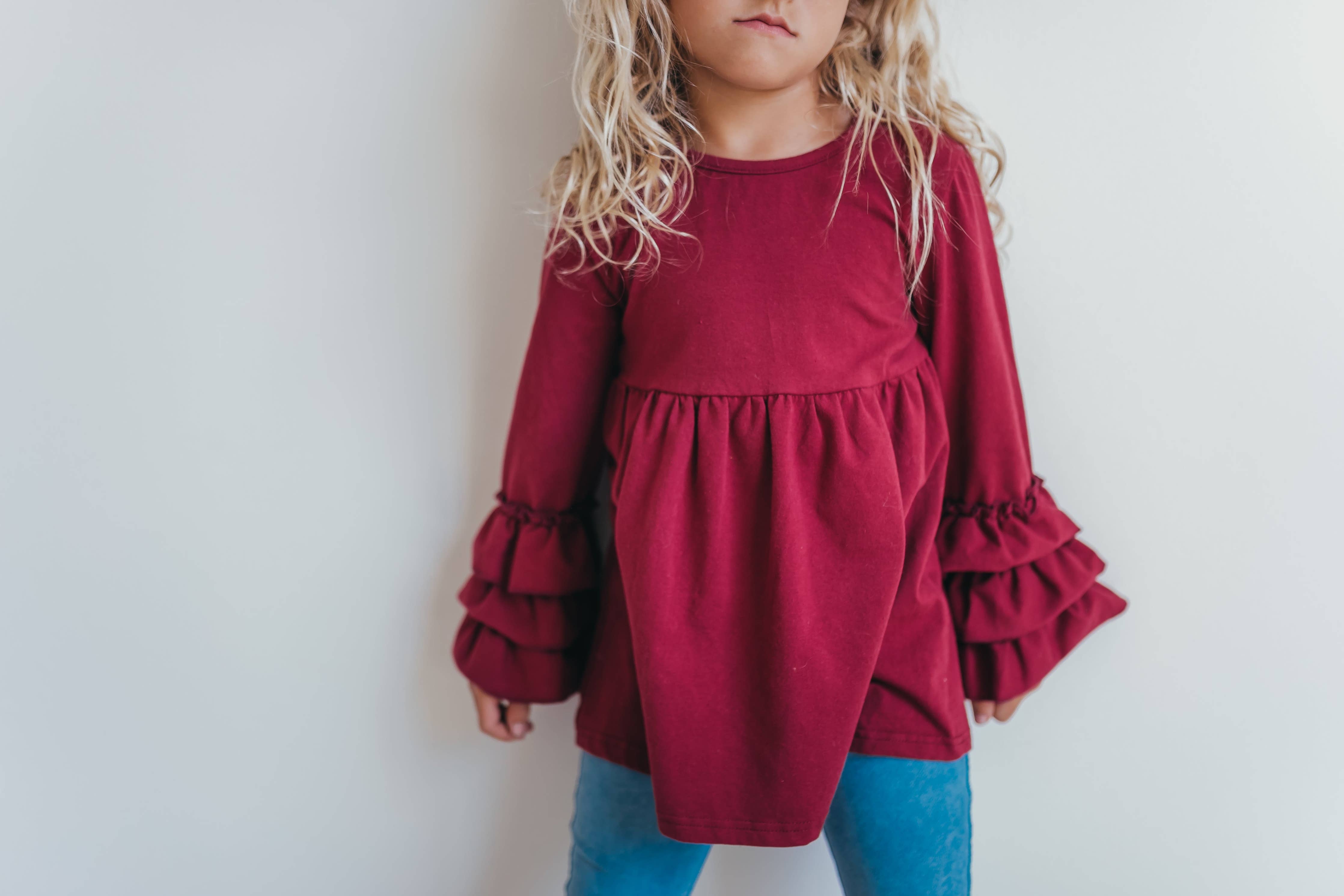 Kids Wine 3 Ruffle Sleeve Blouse Winter Shirt