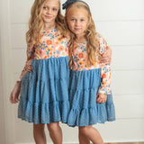 Girls Dusty Blue Flower Print Tulle Fall Dress