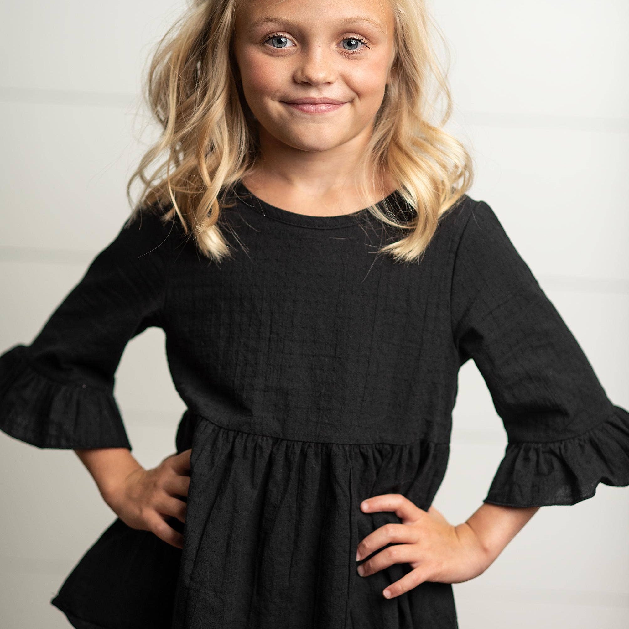 Kids Black Ruffle Long Sleeve Winter Shirt With Buttons