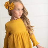 girls Mustard Long Sleeve Lettuce Trim Ribbed Shirt, kids ribbed top, kids ribbed shirt