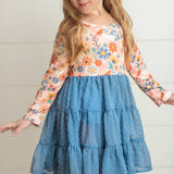 Girls Dusty Blue Flower Print Tulle Fall Dress