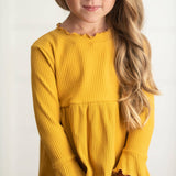 girls Mustard Long Sleeve Lettuce Trim Ribbed Shirt, kids ribbed top, kids ribbed shirt