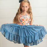Girls Dusty Blue Flower Print Tulle Fall Dress