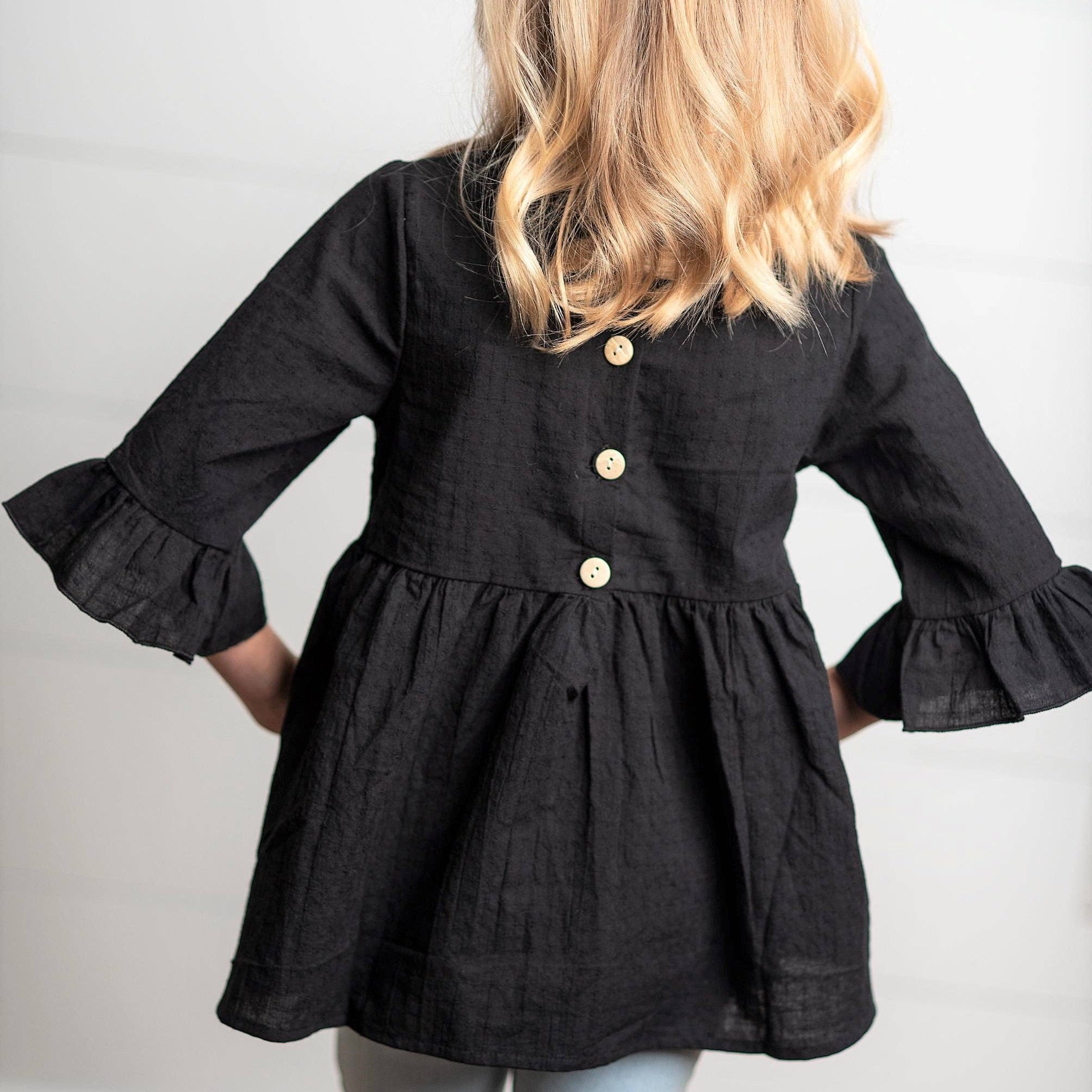 Kids Black Ruffle Long Sleeve Winter Shirt With Buttons