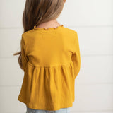 girls Mustard Long Sleeve Lettuce Trim Ribbed Shirt, kids ribbed top, kids ribbed shirt
