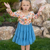 Girls Dusty Blue Flower Print Tulle Fall Dress