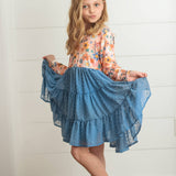 Girls Dusty Blue Flower Print Tulle Fall Dress