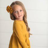 girls Mustard Long Sleeve Lettuce Trim Ribbed Shirt, kids ribbed top, kids ribbed shirt