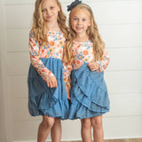 Girls Dusty Blue Flower Print Tulle Fall Dress