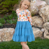 Girls Dusty Blue Flower Print Tulle Fall Dress
