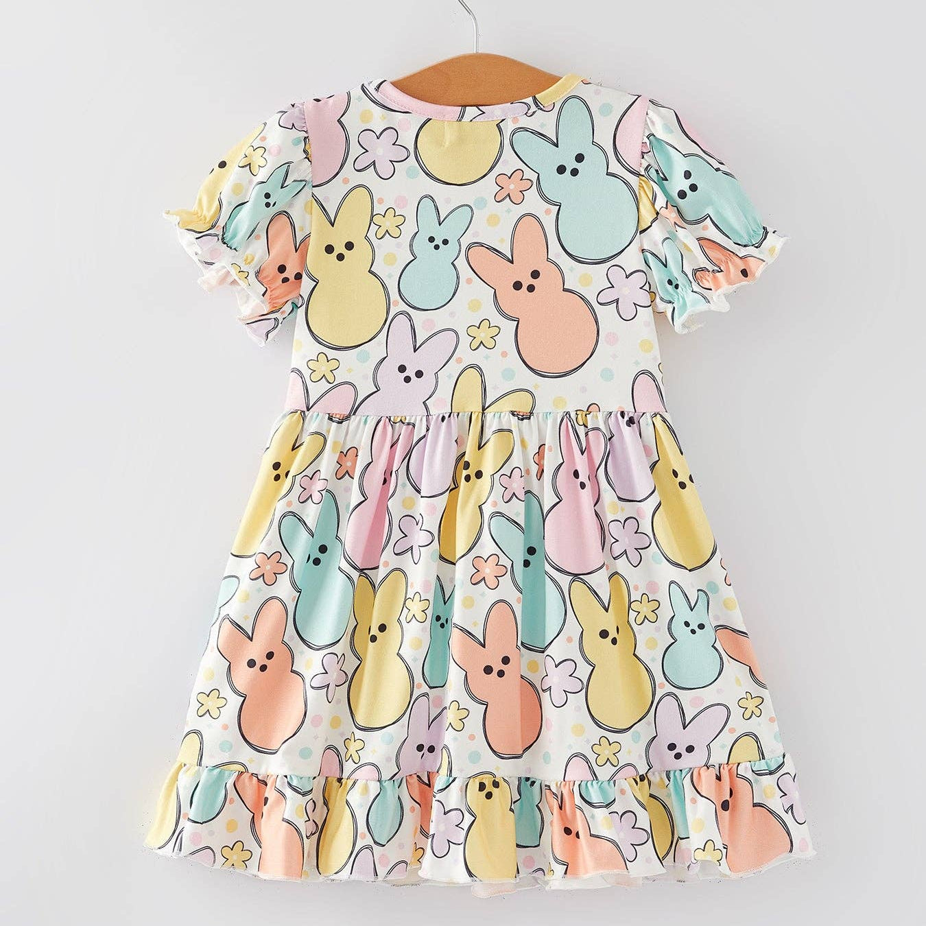 Easter Colorful Bunny Print Puff Sleeves Girls Dress-girls easter dress-dress for little girls